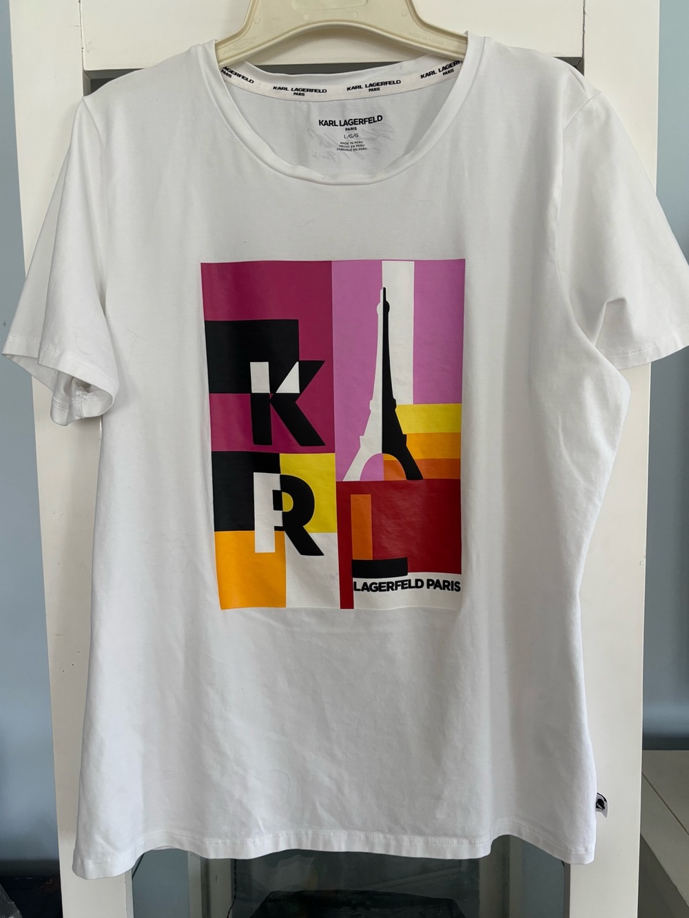 Karl Lagerfeld White Graphic Tee - Color Block Paris Print